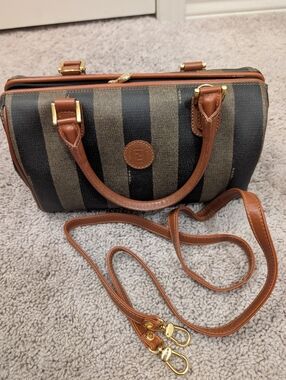 Fendi Brown and Black Striped Mini Boston Bag with Leather Strap